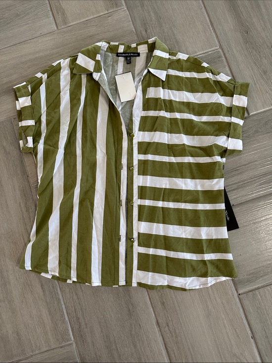Tops - Olive Green and White Striped Women Button Shirt